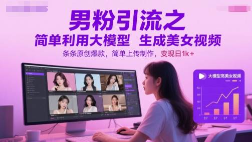 男粉引流之简单利用大模型生成美女视频，条条原创爆款，简单上传制作，变现日1k+-云启源码