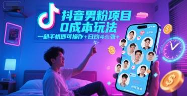 抖音男粉项目0成本玩法，一部手机即可操作，日均4张+，时间自由-云启源码