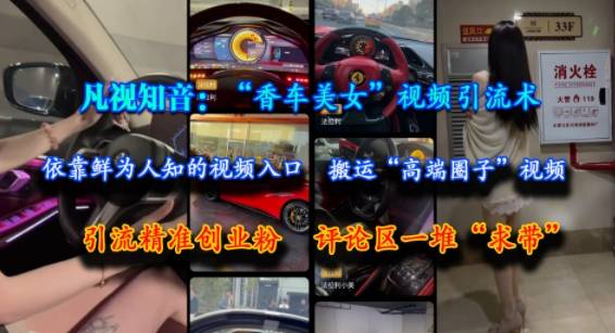 凡视知音：“香车美女”视频引流术，依靠鲜为人知的视频入口，搬运“高端圈子”视频，引流精准创业粉，评论区一堆“求带”-云启源码