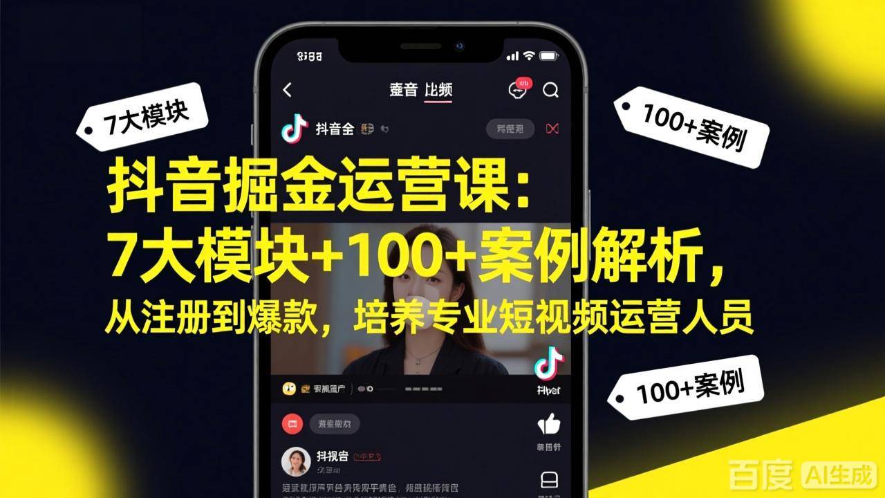 抖音掘金运营课：7大模块+100+案例解析，从注册到爆款，培养专业短视频运营人员-云启源码
