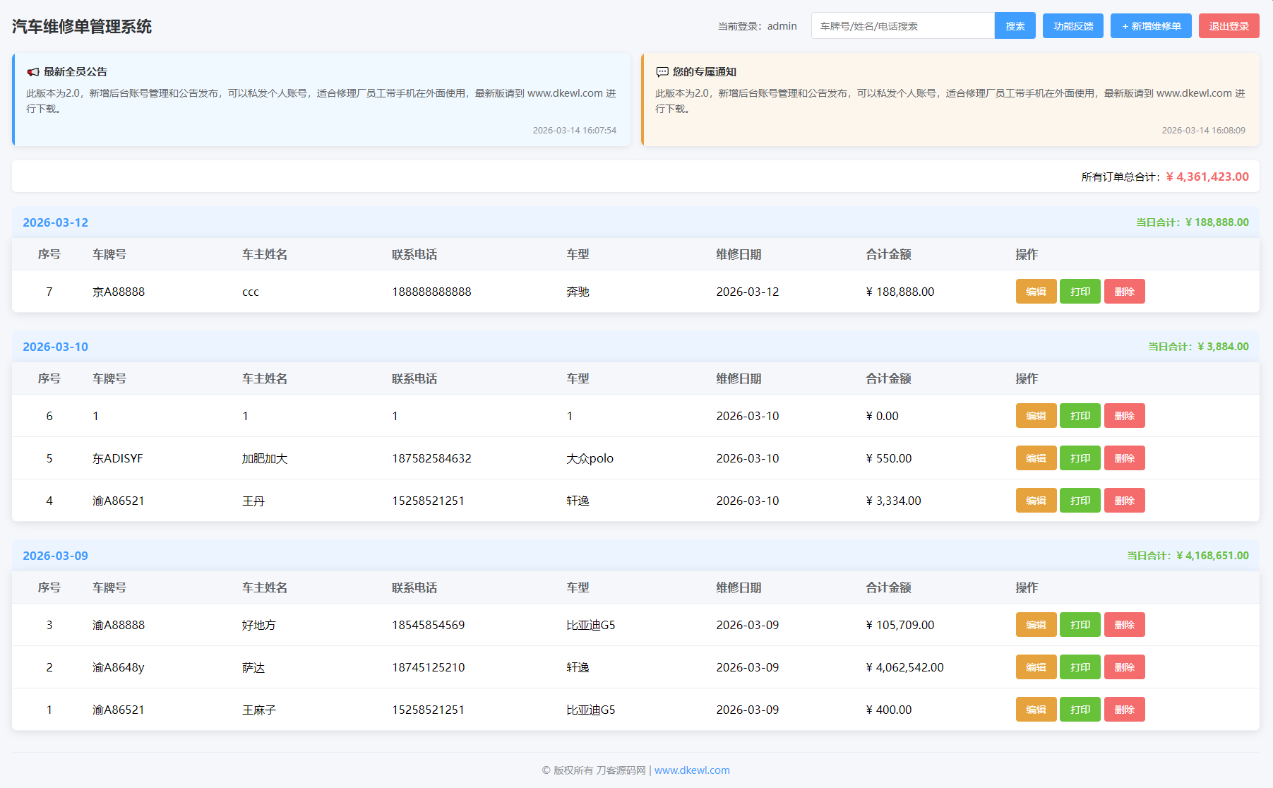 汽修单管理系统源码-云启源码