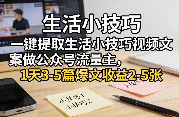 一键提取生活小技巧视频文案做公众号流量主，1天3-5篇爆文收益2-5张-云启源码
