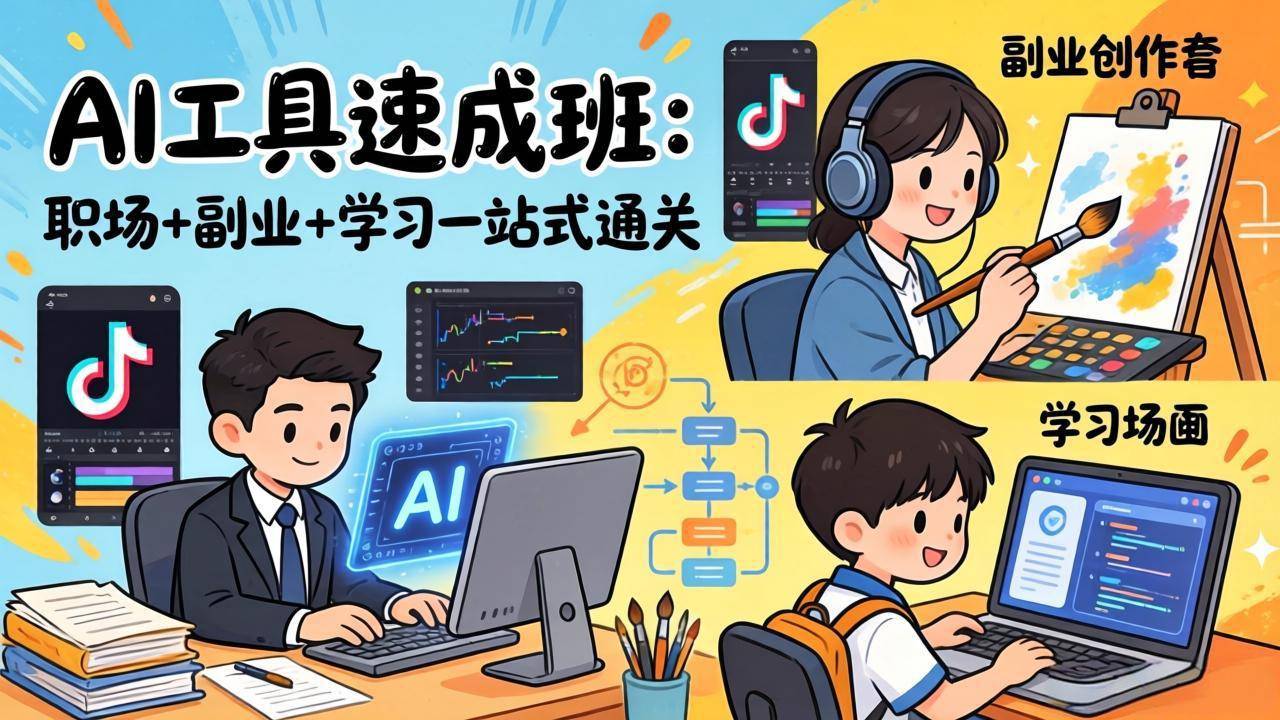 AI工具速成班：职场+副业+学习一站式通关，20+爆款类型+剪映技巧+抖音算法，0基础快速上手-云启源码